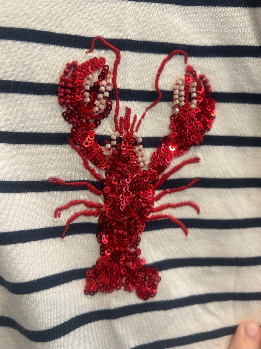 J. Crew Factory Navy & White Striped Collector Tee with Red Sequin Lobster - Picture 2 of 8